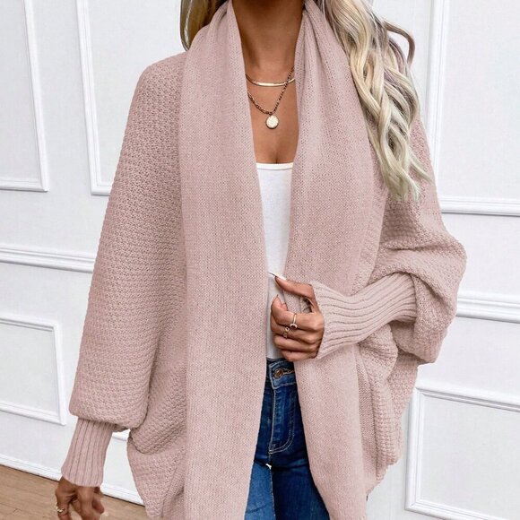 Pink Casual Women's Solid Color Batwing Sleeve Long Sleeve Cardigan - Picture 5 of 6